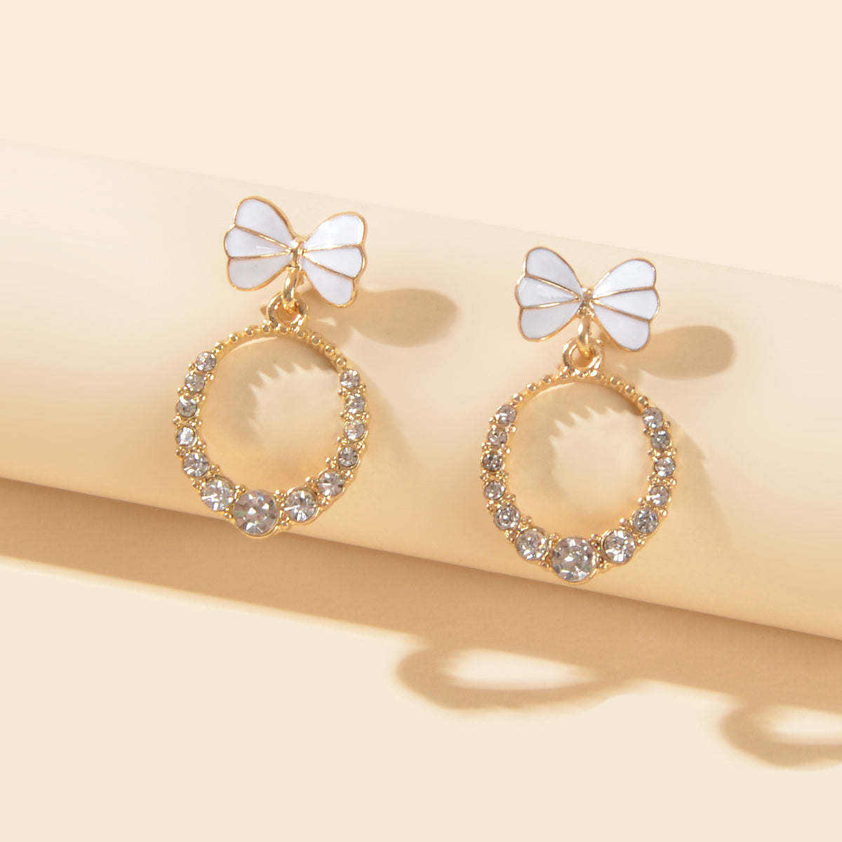 Women Teen Girls White Enamel Bow Rhinestone Circle Stud Lightweight Earrings-0