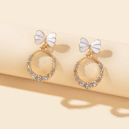 Women Teen Girls White Enamel Bow Rhinestone Circle Stud Lightweight Earrings-0