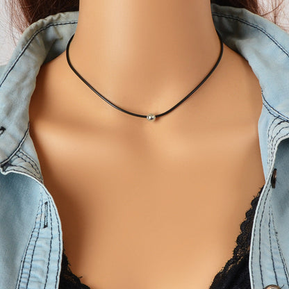 Silver Bead Decor Black Pu Leather Choker Women Collar Punk Rock Style Jewellery-0