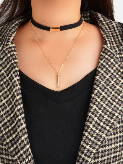 Punk Black Choker Double layer Gold Chain Geometric Charm Necklace Tattoo Choker-0