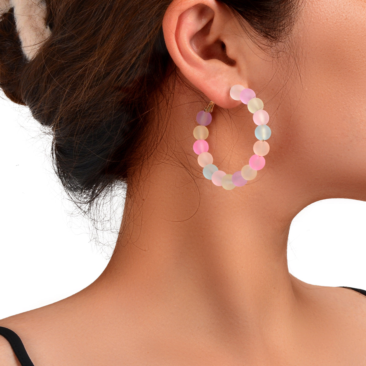 Candy Colour Handmade Acrylic Frosted Beads Circle Hoop Chunky Huggie Earrings-0