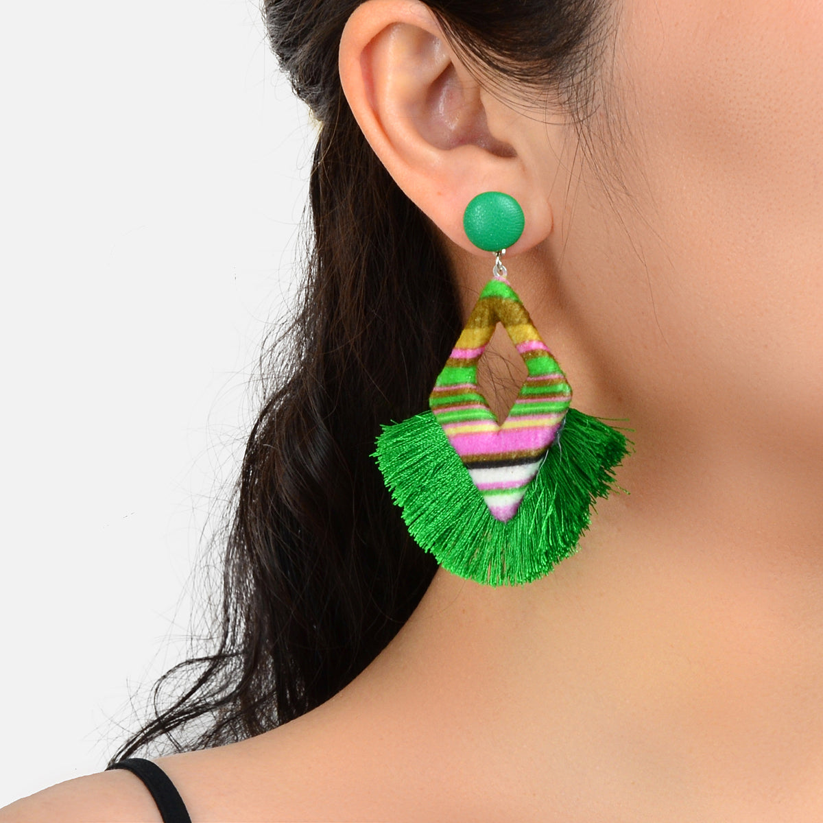 Bohemian Geometric Green Tassel Fringe Dangle Earrings Handmade Ethnic Jewellery-0