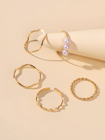 5 pcs Fashion Jewellery Pearl Decor Minimalist Finger Midi Finger Knuckle Rings-4