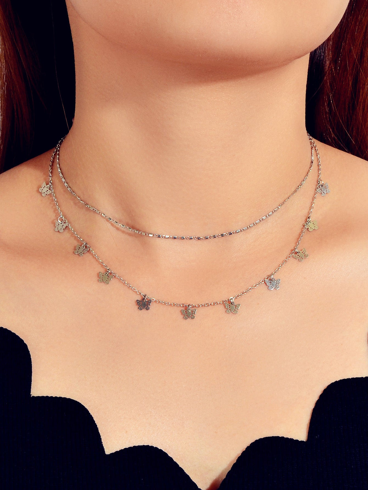 Minimalist Silver Double layer Chain Butterfly Collar Necklace Female Jewellery-0