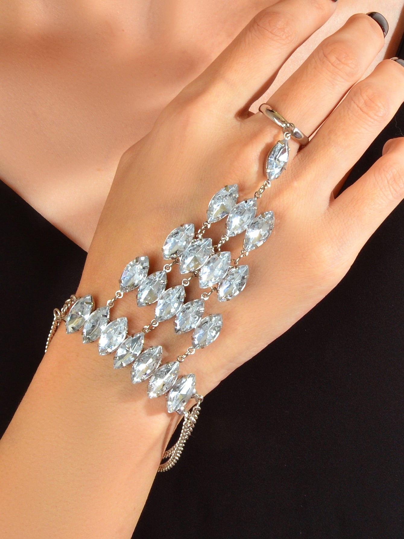 Luxury Full Crystal Silver Chain Slave Bracelet with Finger Ring Party Jewellery-0