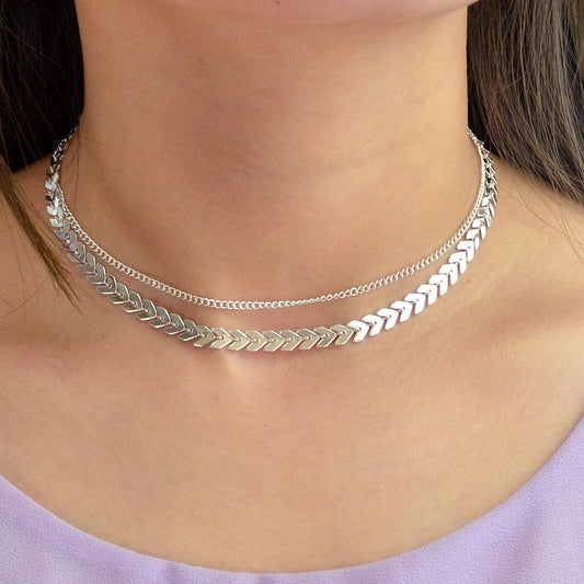Female Gift Double layer Gold Silver Chain Short Clavicle Punk Collar Necklace-0