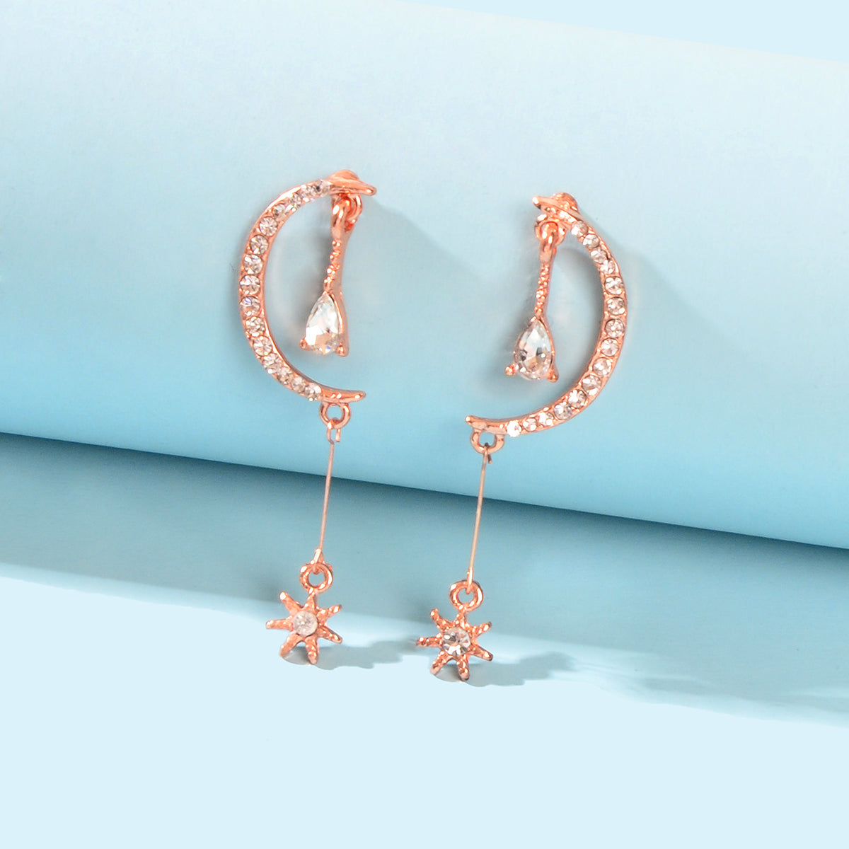 Wedding Rosegold Rhinestone Moon Dangle Drop Chandelier Teardrop Bridal Earrings-0