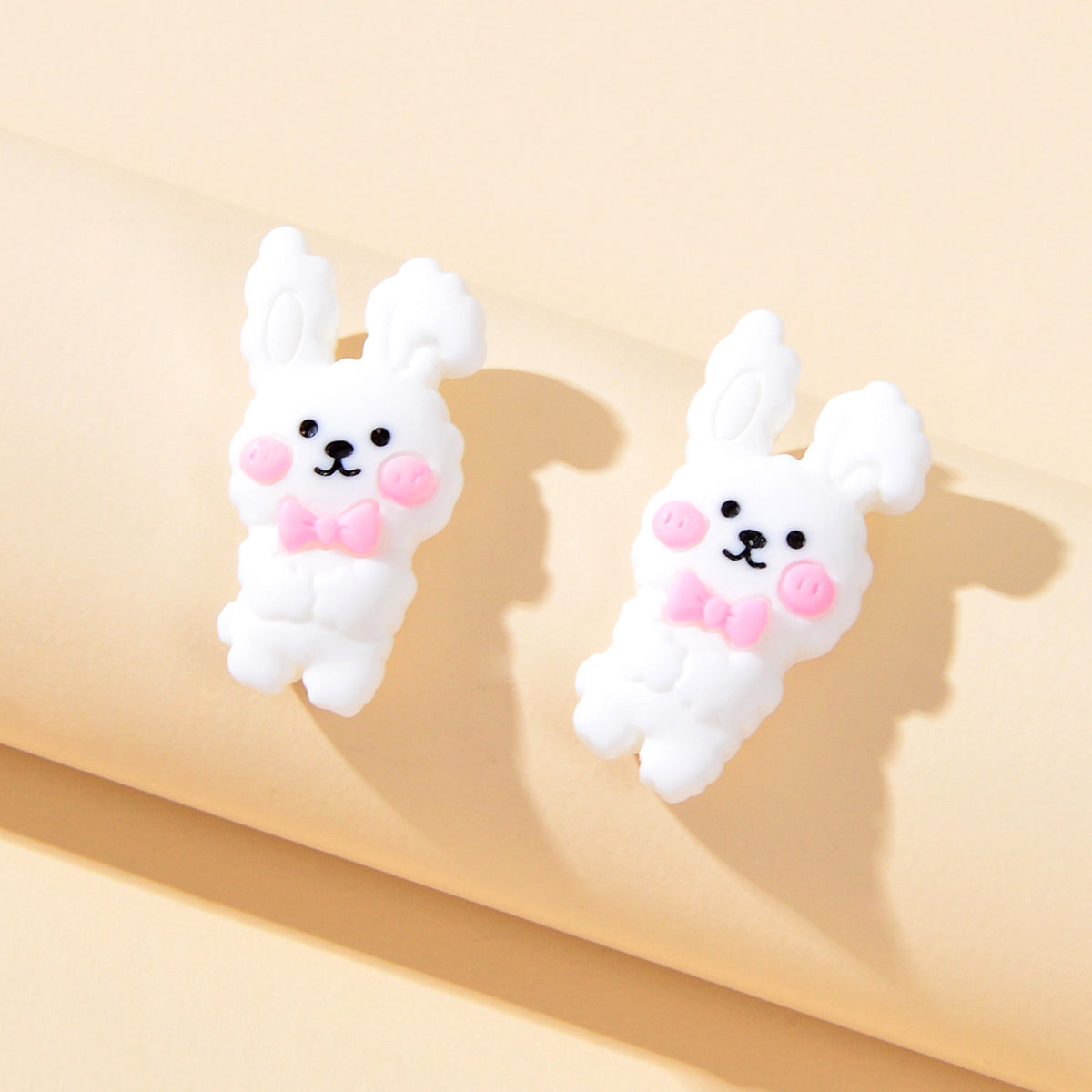 Pink Bow Tie White Rabbit Lovely Easter Bunny Stud Earrings Hare Party Jewellery-0