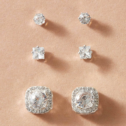 3 pairs Luxury Cubic Zirconia Round Square Stud Earrings Wedding Engagement Gift-0