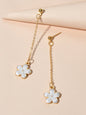 Charming White Black Enamel Long Chain Flower Pendant Dangle Pierced Earrings-0