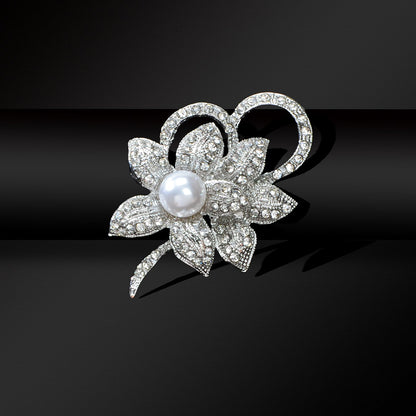 Luxurious Women Rhinestone Pearl Decor Silver Flower Bouquet Brooch Shawl Pin-0