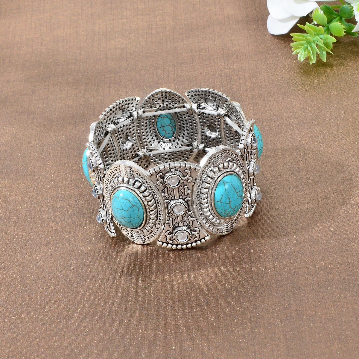 Turquoise Decor Carved Antique Silver Wide Chunky Bohemia Elastic Bangle-3