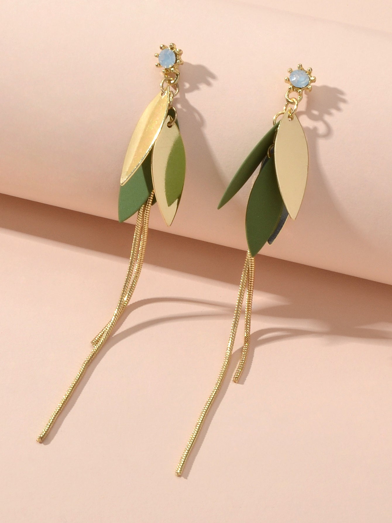 Female Jewellery Gold Green Leaf Long Chain Dangle Pierced Charm Women Earrings-0