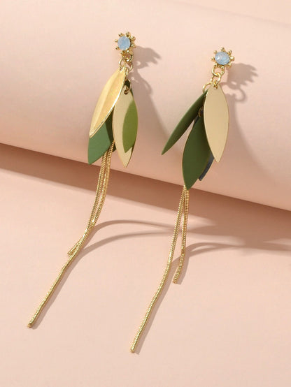 Female Jewellery Gold Green Leaf Long Chain Dangle Pierced Charm Women Earrings-0