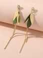 Female Jewellery Gold Green Leaf Long Chain Dangle Pierced Charm Women Earrings-0