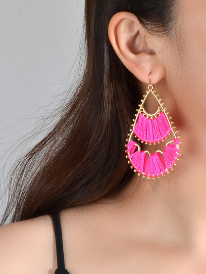 Indian Traditional Handmade Braided Beige Hotpink Ethnic Water Drop Earrings-0