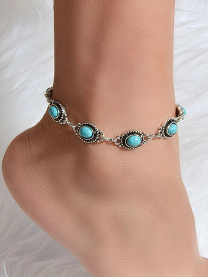 Vintage Boho Chic Tribal Ethnic Antique Silver Turquoise Anklet Foot Jewellery-0
