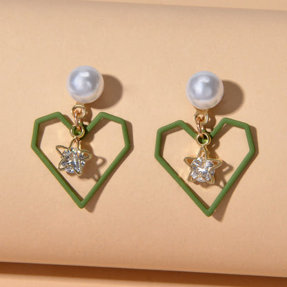 Love Gift for Women Girls Rhinestone Pearl Decor Gold Star Heart Dangle Earrings-0