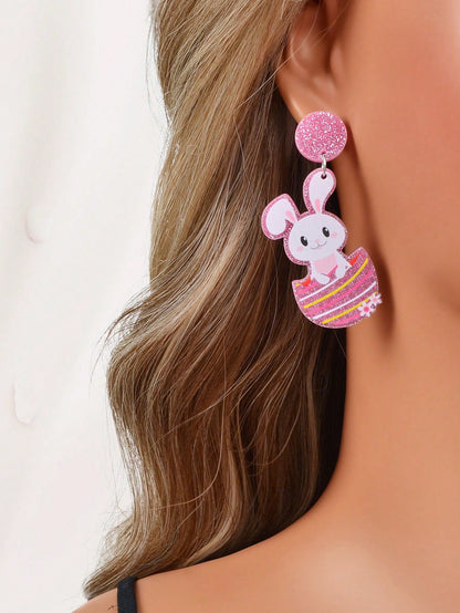 Pink Easter Bunny Pendant Earrings - Festive and Fun Fashion Accessories-1