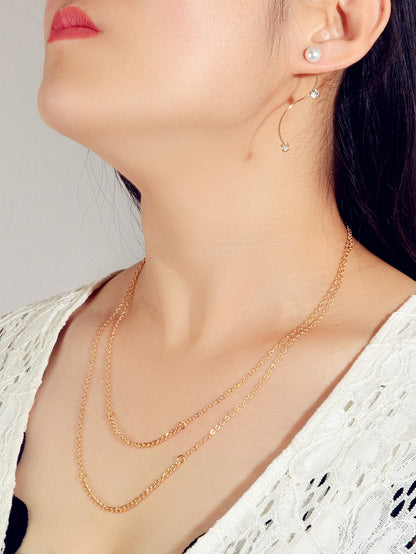 Gold Curved Earrings & Double Layer Necklace Set - Stylish Jewelry Ensemble-1