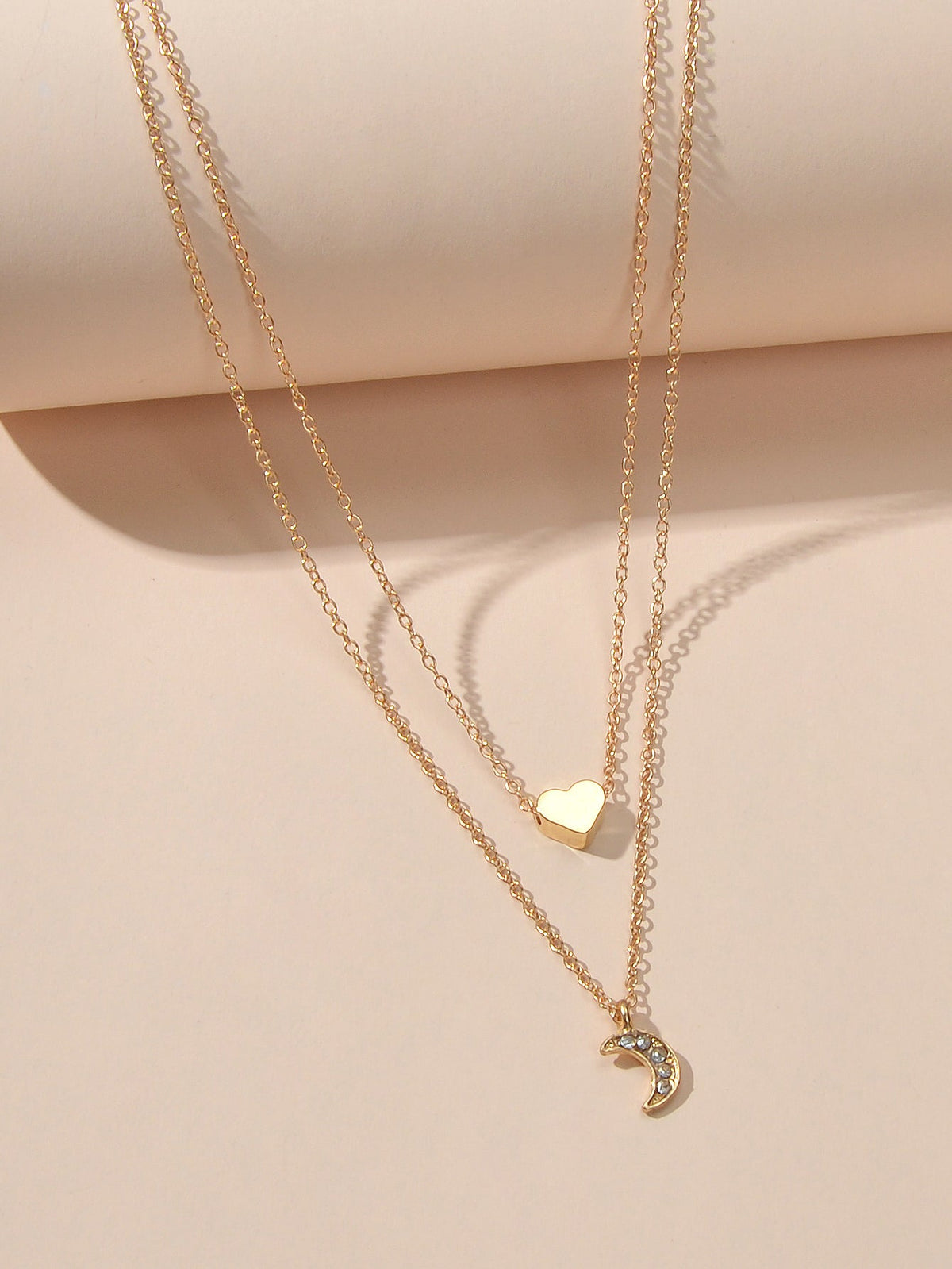 AU Local Rhinestone Double layered Chain Love Heart Moon Necklace Party Jewelry-3