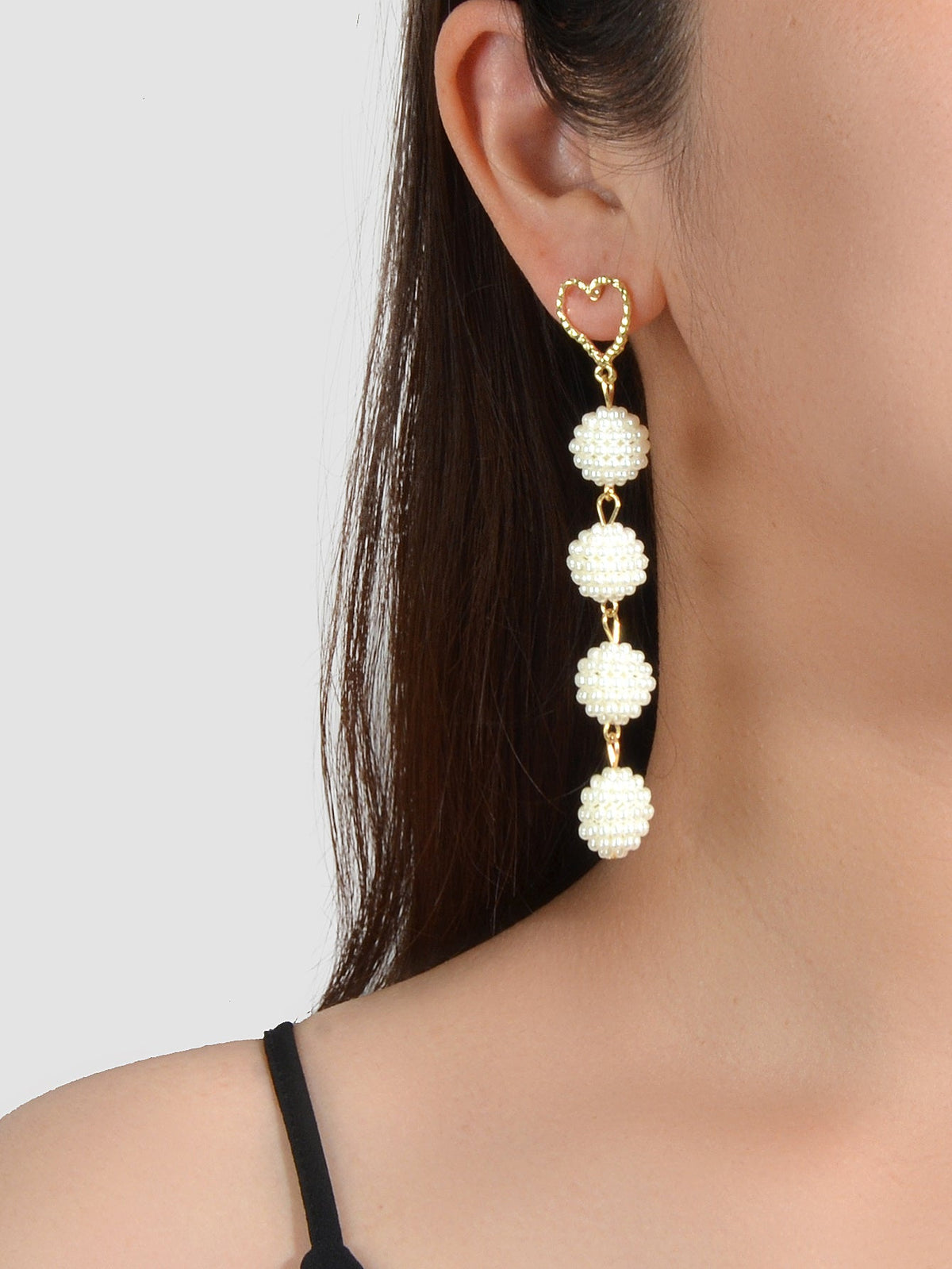Beautiful White Beads Ball Gold Heart Long Dangle Earrings Perfect Wedding Gift-0