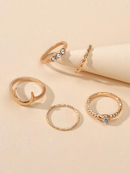 5pcs Fashion Rhinestone Decor Gold Metal Moon Midi Finger Knuckle Rings Set Band-3