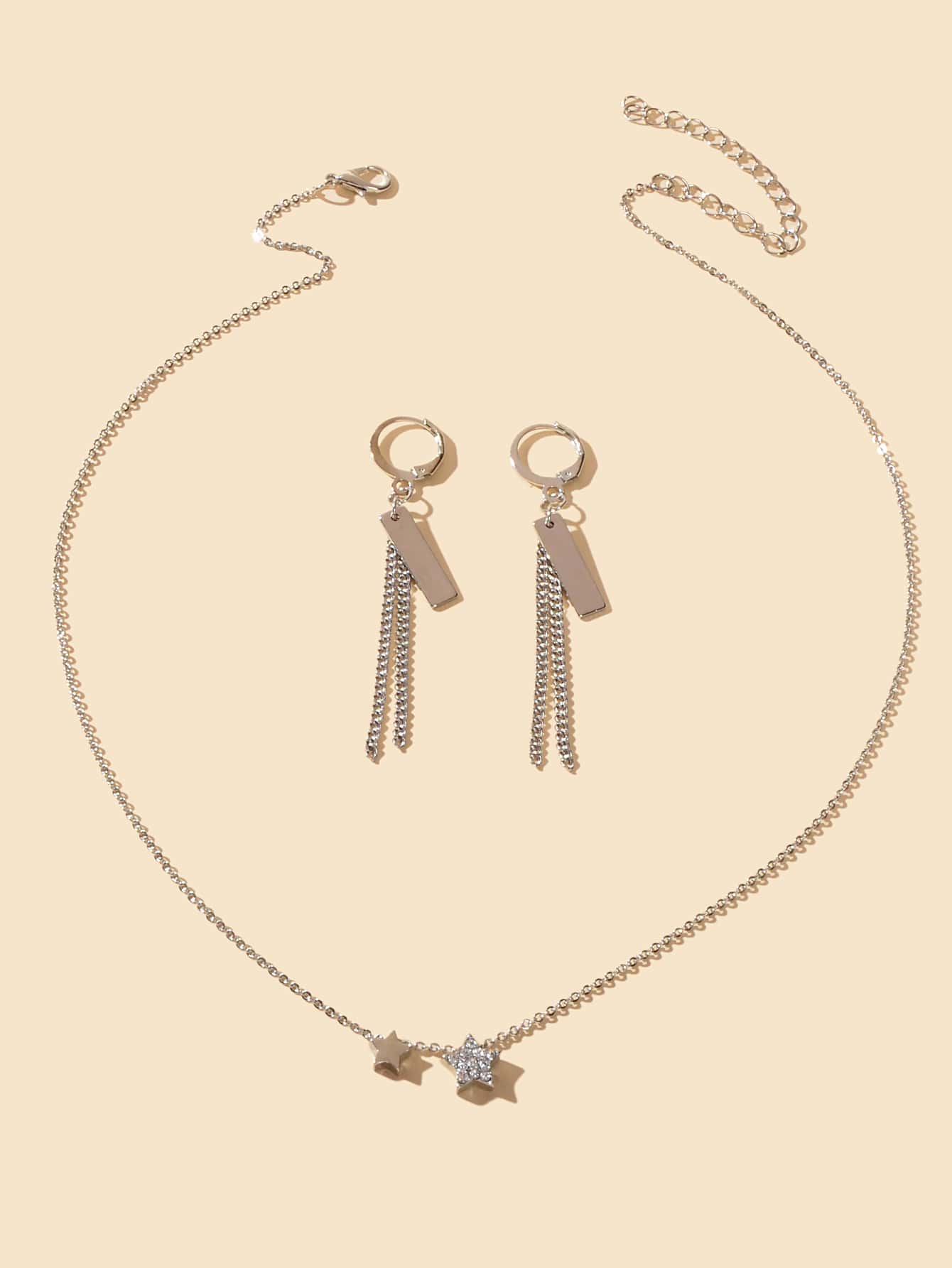 Silver Star Pendant Necklace & Rectangular Tassel Earrings Set Celestial Charm-1