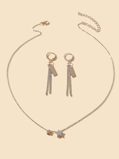 Silver Star Pendant Necklace & Rectangular Tassel Earrings Set Celestial Charm-1