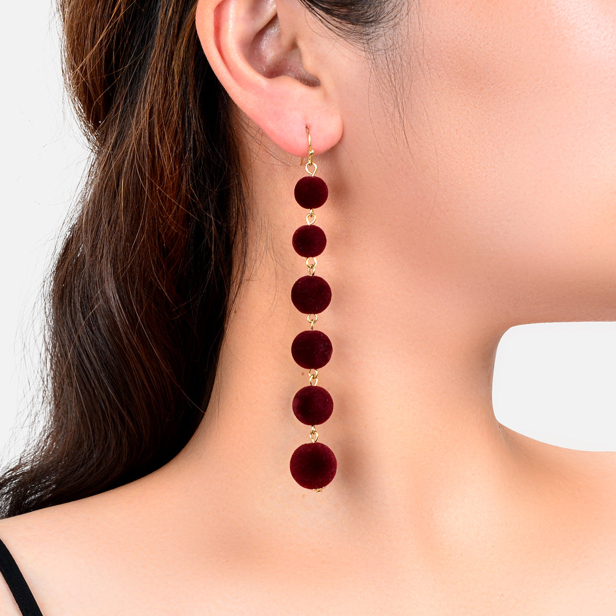 Retro Winered Flocking Ball Statement Long Pendant Pom Pom Dangle Earrings Gift-0