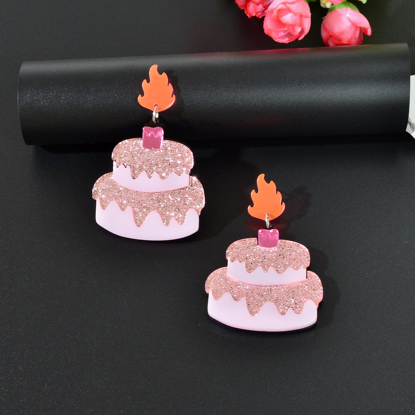 Sweet Sequin Decor Pink Acrylic Cake Dangle Earrings for Women Party Jewellery-4