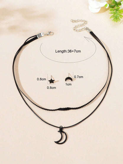 Black Moon Pendant Double Layer Short Necklace Star Crescent Earrings Gift Set-1