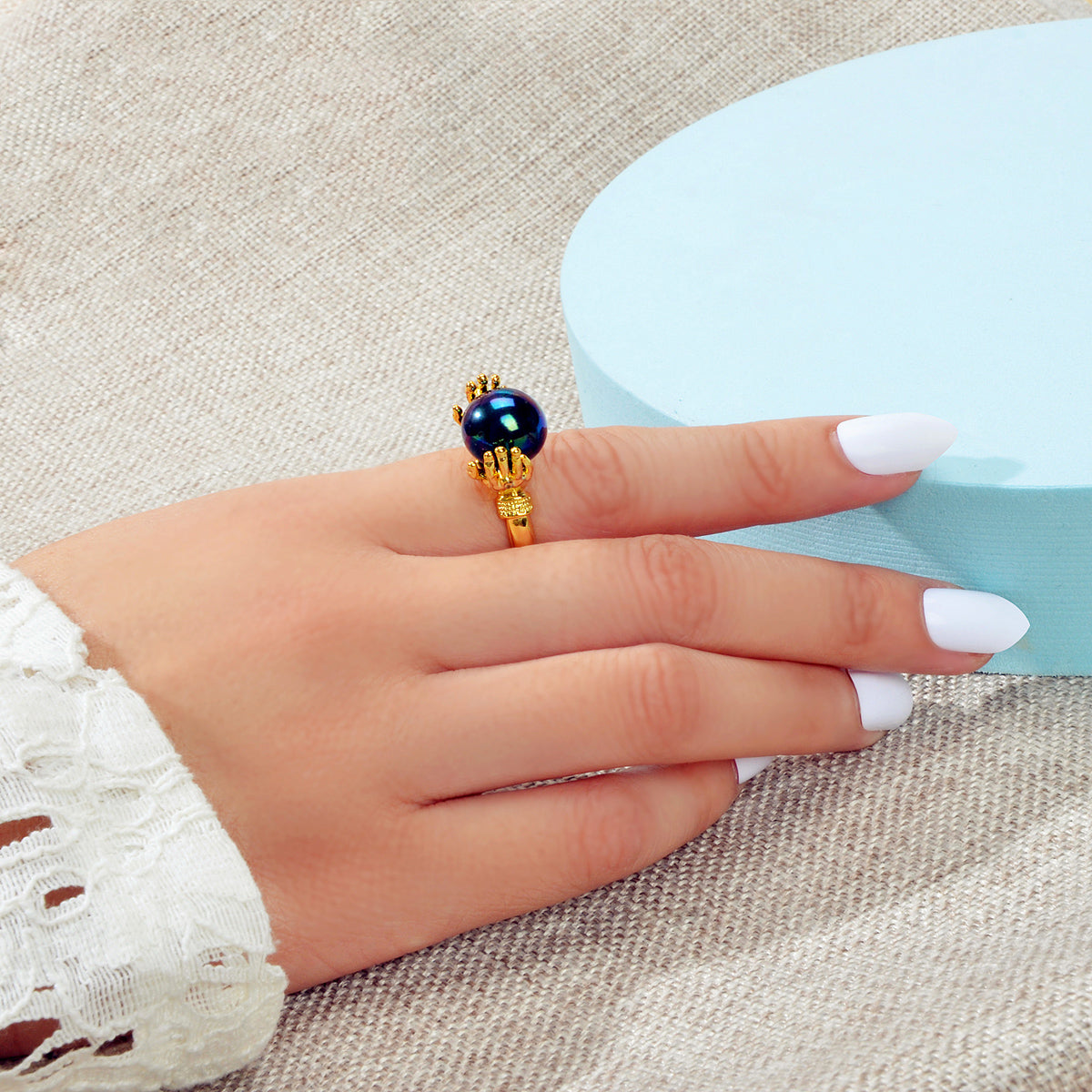 Anniversary Wedding Unique Blue Beads Gold Hand Dome Ring Retro Women Teens Band-0