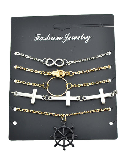 5pcs Nautical Silver Gold Chain Hand Infinity Cross Rudder Charm Bracelets set-0