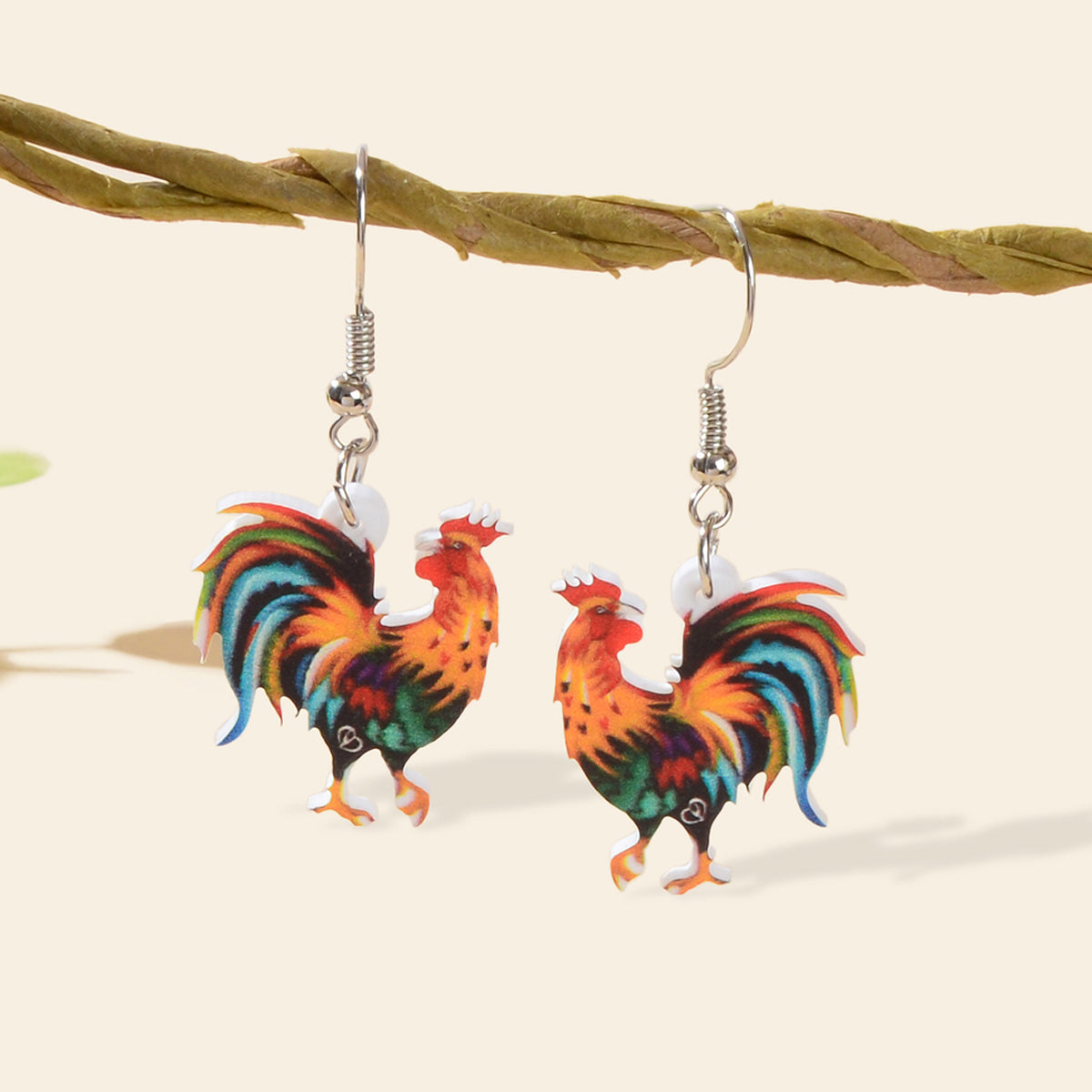 Statement Jewellery Colourful Cock Chicken Acrylic Dangling Rooster Earrings-0