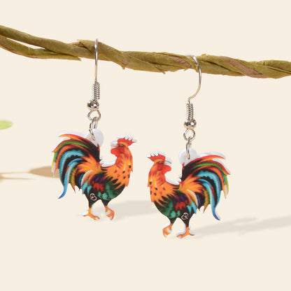 Statement Jewellery Colourful Cock Chicken Acrylic Dangling Rooster Earrings-0