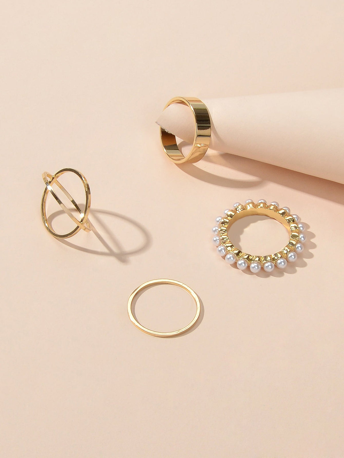 4 pcs Fashion Jewellery Pearl Decor Gold Geometric Midi Finger Knuckle Rings set-4