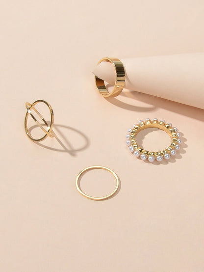 4 pcs Fashion Jewellery Pearl Decor Gold Geometric Midi Finger Knuckle Rings set-4