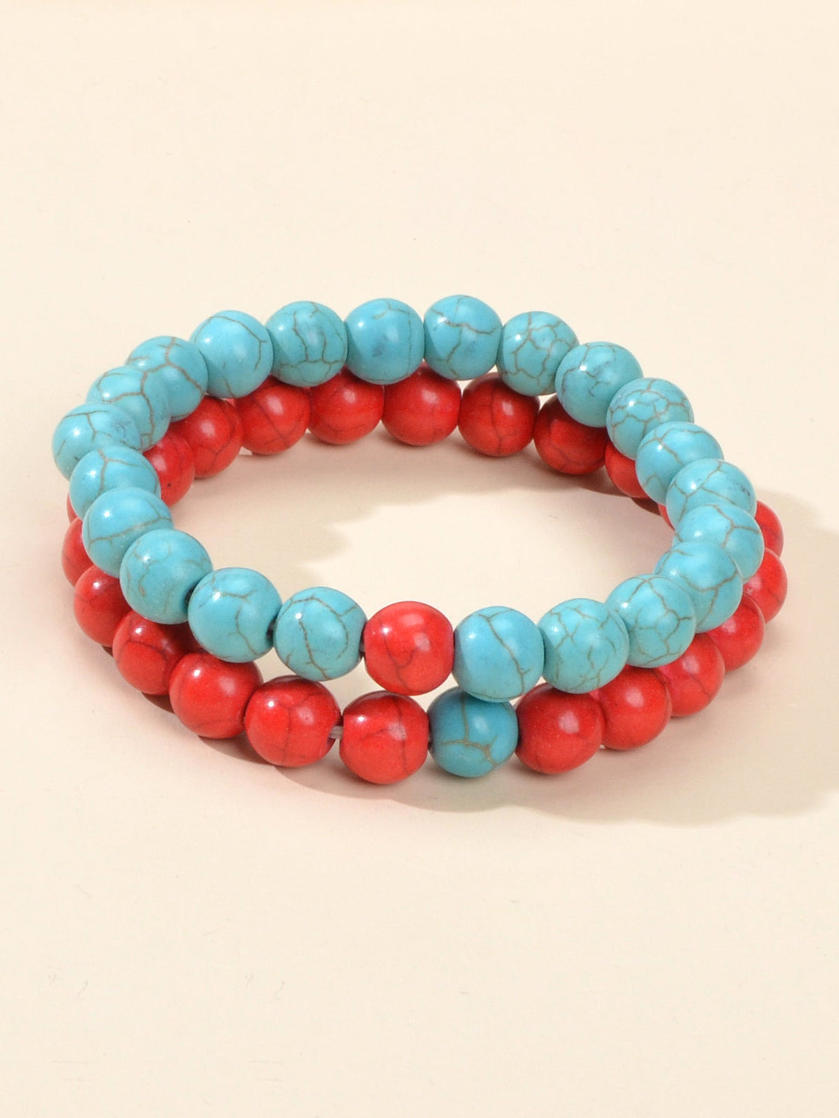2pcs Bohemian Ethnic Handmade Red Beige Beads Turquoise Elastic Bracelets Bangle-0