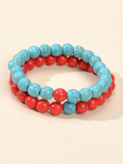 2pcs Bohemian Ethnic Handmade Red Beige Beads Turquoise Elastic Bracelets Bangle-0