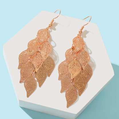 AU Local Bohemian Colorful Hollow Layered Leaf Stacks Hook Drop Dangle Earrings-5