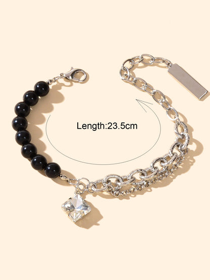 Designer Stylish Multiple Black Beads Silver Chain Square Acrylic Charm Bracelet-1