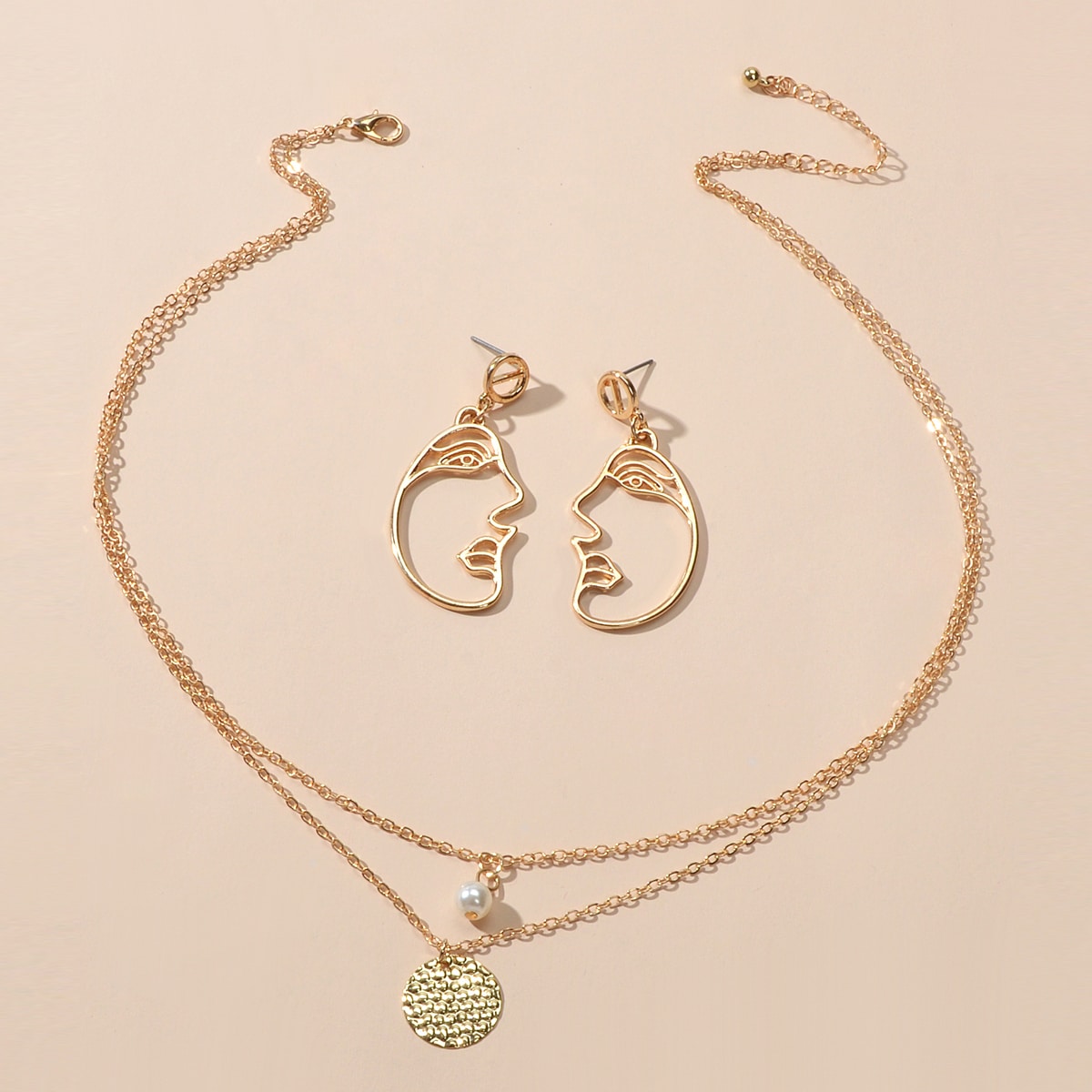 Gold Double Layered Chain Necklace Set with Face Profile Pendant Earrings Gift-1