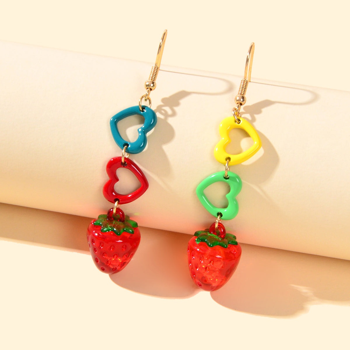 Colourful Heart Strawberry Earrings Long Dangle Drop Fruit Jewellery Funky Gift-1