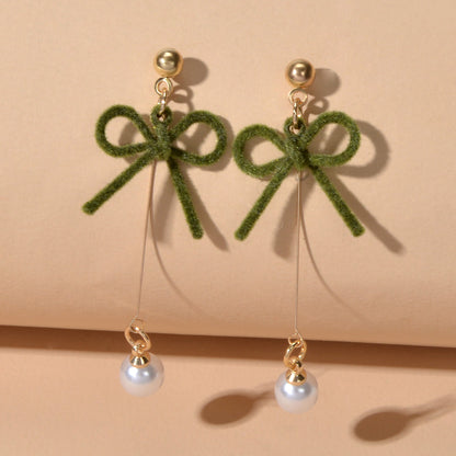 Charming Long Gold Chain Pearl Bowknot Dangle Lightweight Gift Holiday Earrings-3