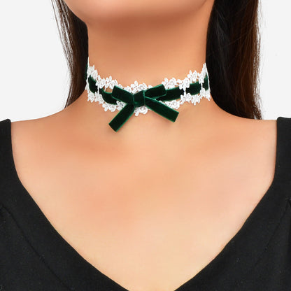 90s White Lace Flower Black Velvet Bowknot Tattoo Choker Necklace Grunge Collar-3