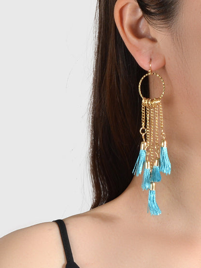 American Jewellery Ethnic Blue Tassel Long Gold Chain Dangle Bohemian Earrings-0