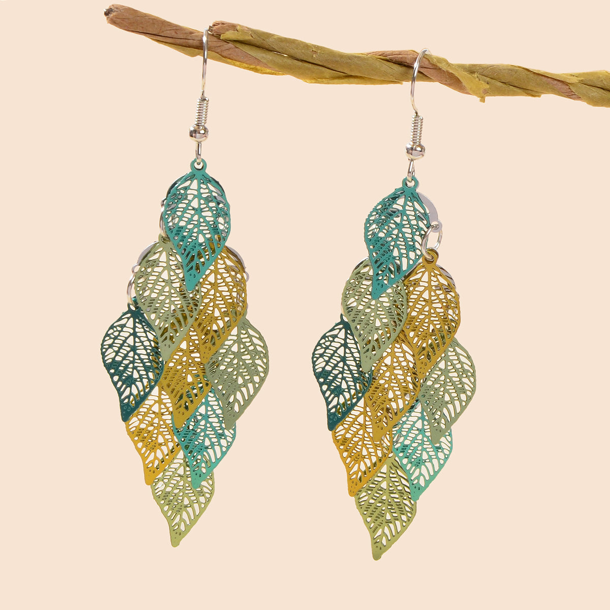 AU Local Bohemian Colorful Hollow Layered Leaf Stacks Hook Drop Dangle Earrings-7