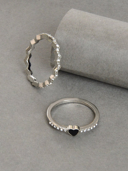 2pcs Black Enamel Heart Silver Love Rings Women Romantic Band Teen Birthday Gift-0