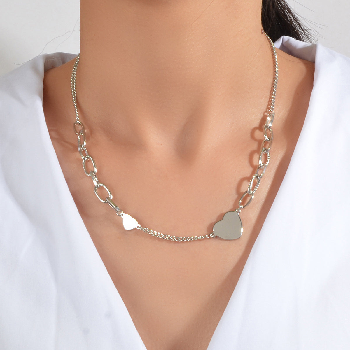 Women Silver Chain Heart Charm Collar Necklace Good Quality Fashion Accessories-0